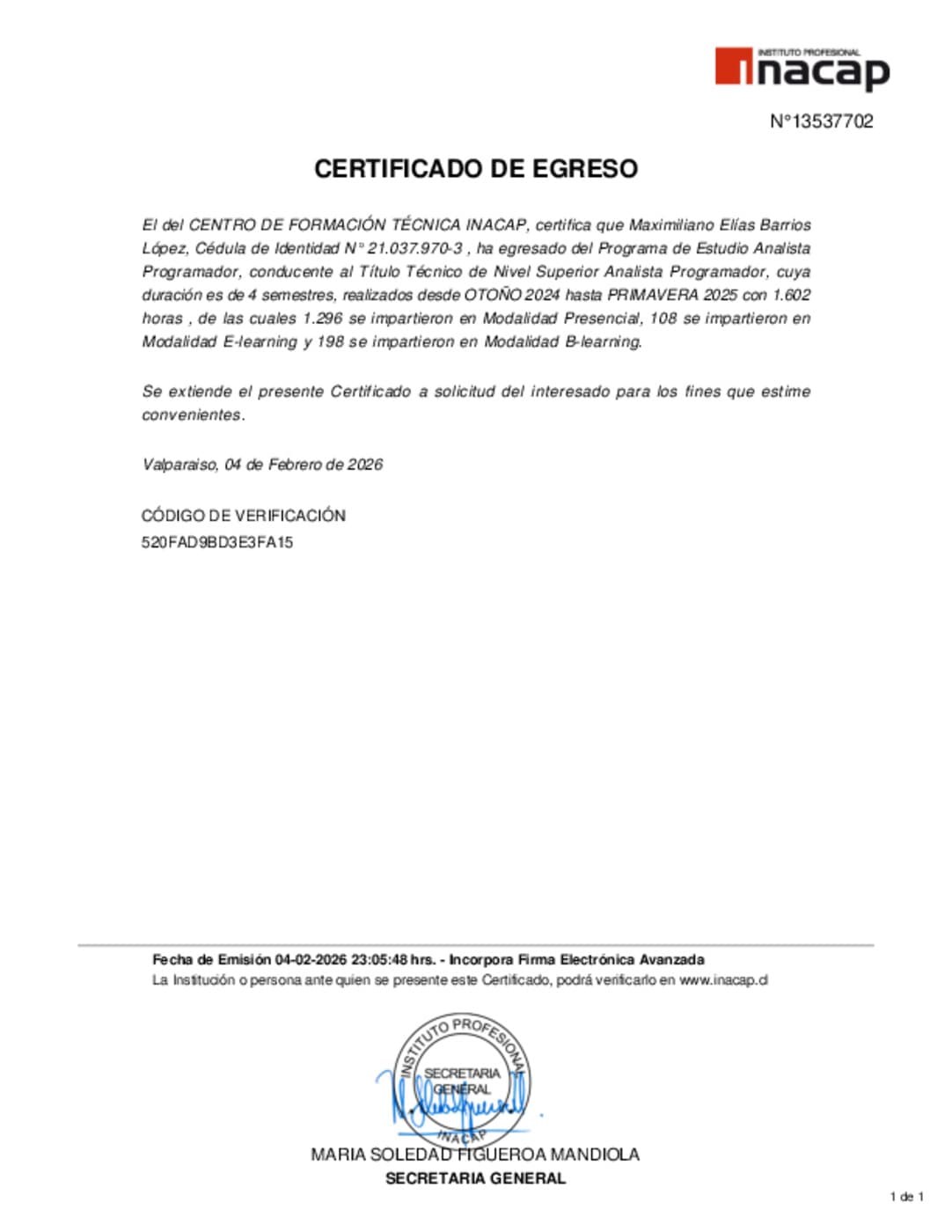 Certificado de Egreso Analista Programador - INACAP