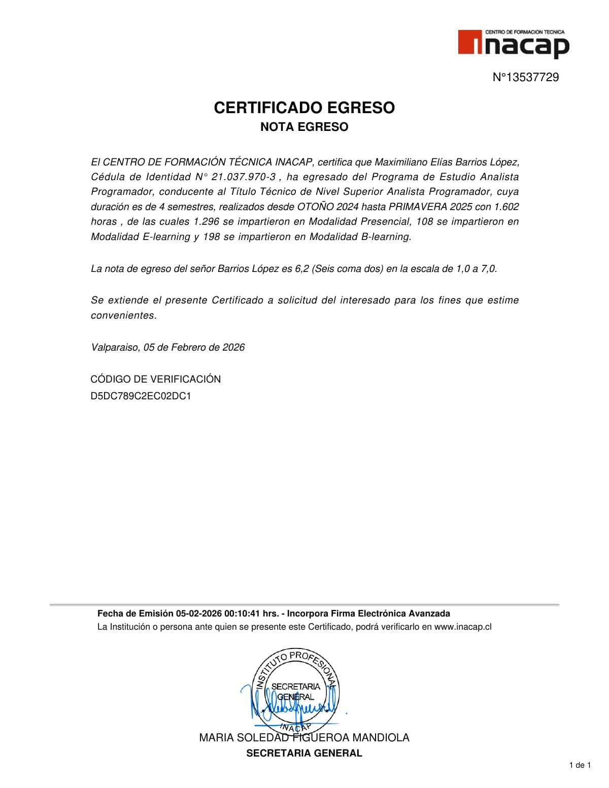 Nota de Egreso - INACAP